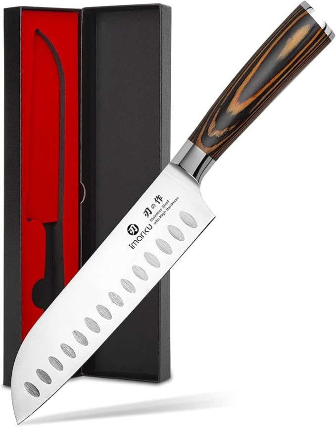 imarku Santoku Knife, 7 inch Kitchen Knife Ultra Sharp Cooking Knife Japanese Chef Knife -High Carbon Stainless Steel - Ergonomic Pakkawood Handle, Gifts for Women/Men, Orange
