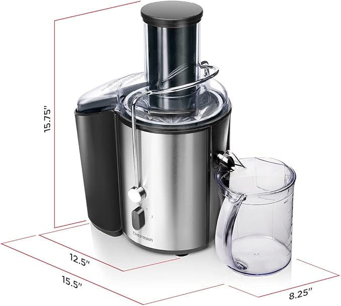 Chefman 2-Speed Electric Juicer, Extra-Wide Feeding Tube For Whole Fruits, Make Nutritious Vegetable And Green Juice, Detachable 1-Quart Pitcher, Built-In Foam Separator, Dishwasher-Safe Parts