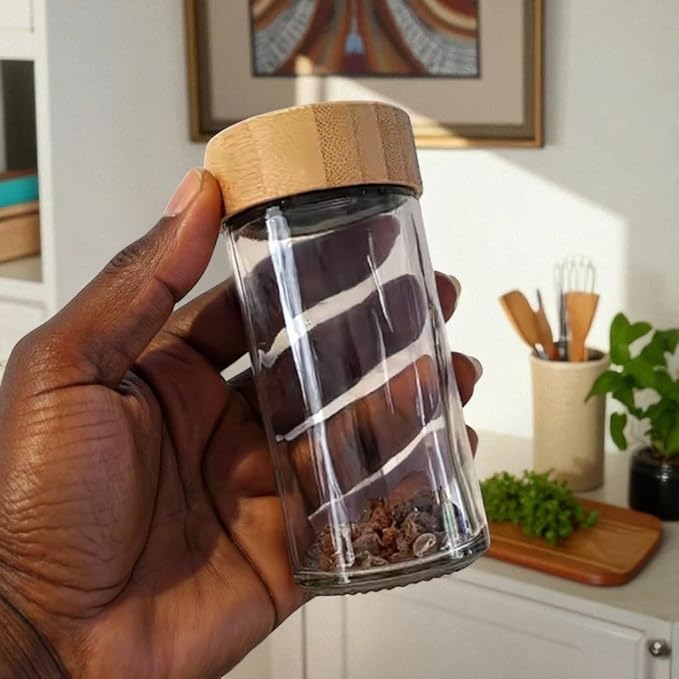 24 pcs Modern Round Glass Spice Jars 120ml with Bamboo Lids and 360 labels- Empty Spice Containers with Shaker Lids and Funnel, Airtight Storage Jars for Spices, Herbs, Seasonings