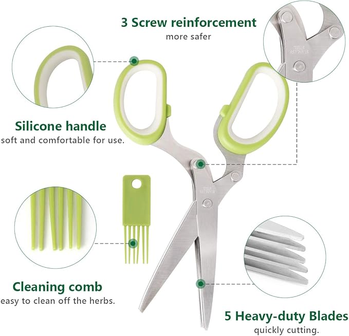 Herb Scissors Herb Stripper Set, Luxiv Stainless Steel Herb Cutter Tools 5-Blades Scissors with Herb Stripping Tool, Safe Cover, Cleaning Comb Multi-blade Herb Shears 2 IN 1 Herb Tools Kits (Green)