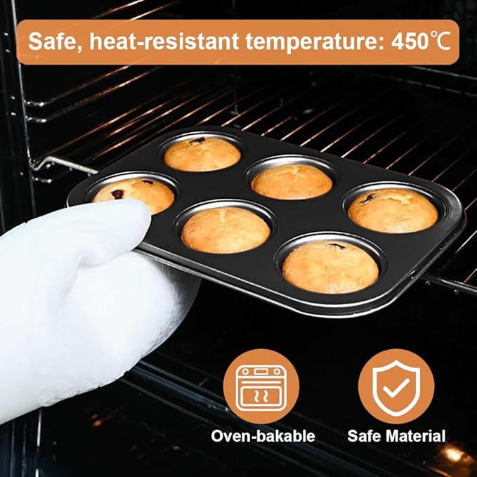 6 Packs Premium Steel Muffin Pan for Baking, Round Muffin Baking Pan, Baking Tray for Muffins, Cupcakes, Brownie(Black
