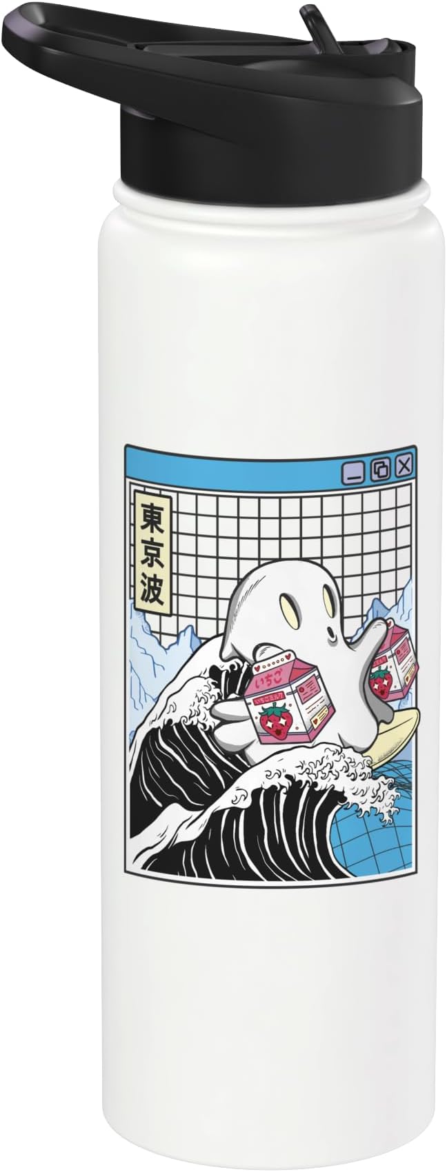 Surfing Ghost Strawberry Milk Cartons Anime Kawaii Vaporwave Stainless Steel Insulated Water Bottle