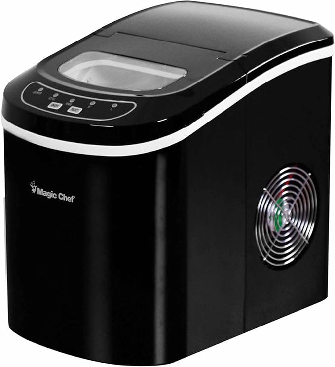 Magic Chef 27-Lb. Portable Ice Maker in Black, Tabletop Ice Maker for Kitchen, Apartment, Dorm, and Basement with Viewing Window, 2 Ice Cube Sizes, and Ice & Water Level Indicator Lights