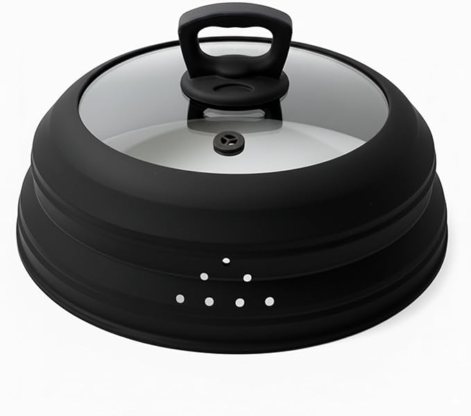 Microwave Splatter Cover Collapsible Silicone & Tempered Glass 10.8 Inch Microwave Cover for Food Splatter Guard with Steam Vents Dishwasher Safe Fits Bowls, Plates & Pots (Black)