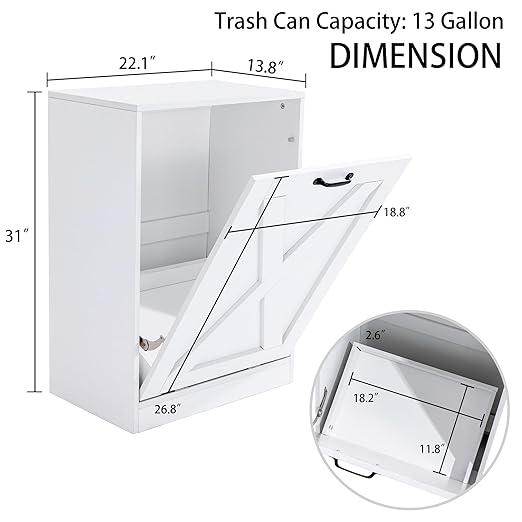 13 Gallon Wooden Tilt Out Trash Cabinet Hidden Trash Can Kitchen Recycling Cabinet Laundry Cabinet for Kitchen, Living Room (White)