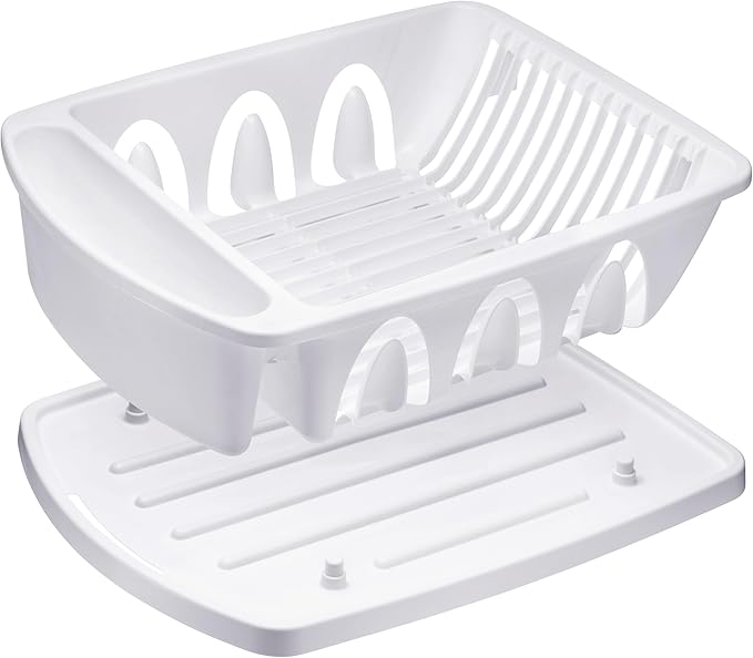 Tribello Sink Dish Drying Rack, Large Heavy Duty Hard Plastic Sink Set with Drainer (White) - Made in USA