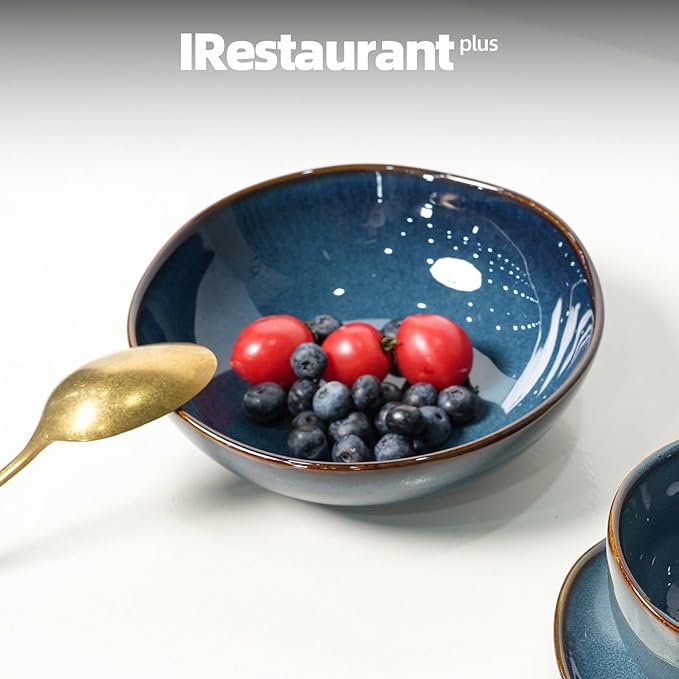 Organic Shape Restaurant Serving Bowl 9", Commerical Grade Catering Stoneware 40oz Bowl in Ir-regular Organic Shape, Chip & Scratch Resistant, Glossy Reactive Glaze Blue, Case of 12