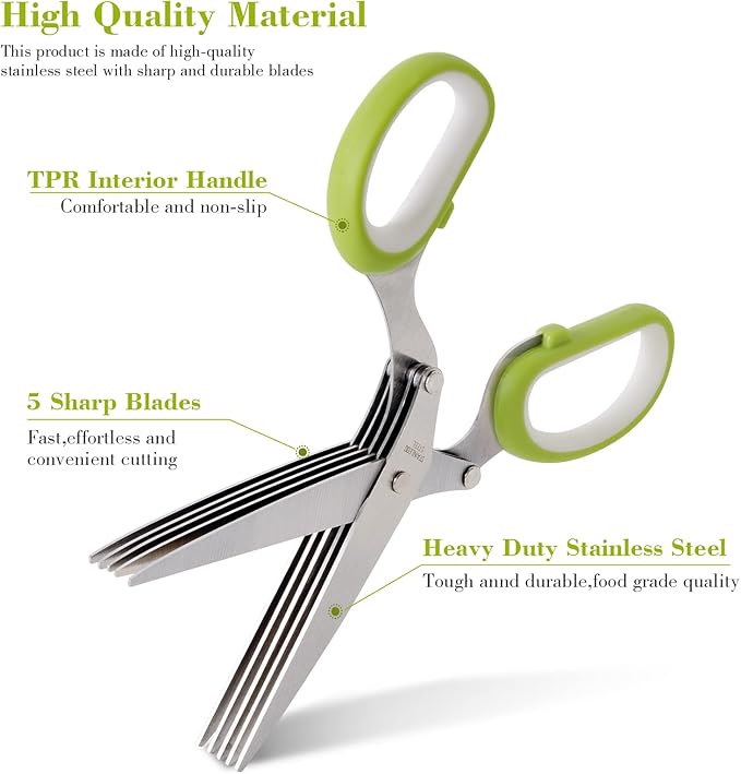 Styleonme Scissors Herb, Sharp Heavy Scissors for Cutting, Chopping and Cooking Fresh Garden Herbs, 5 Stainless Steel Blades and Covers, Vanilla Cutter Chopper Kitchen Gadgets