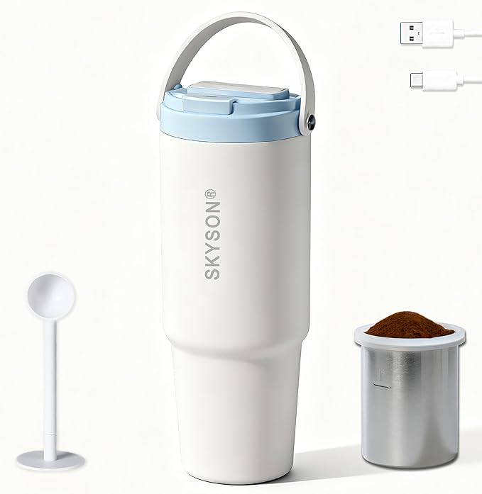 minkah Fast Extraction Mini Electric Coffee Maker - Portable Filter Coffee Brewer for Travel,Insulated Stainless Steel Tumbler,30 oz Reusable Iced Coffee Cup Machine,Hot Coffee Mug with Lid (White)