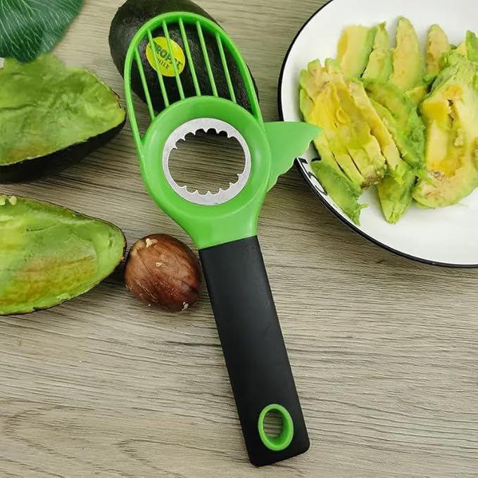 Avocado Slicer 3-in-1 Tool – Stainless Steel Cutter, Pitter, Corer with Non-Slip Grip Handle – Multifunctional Avocado Seed Remover Cutter for Fruit & Kitchen Use (Green Black)