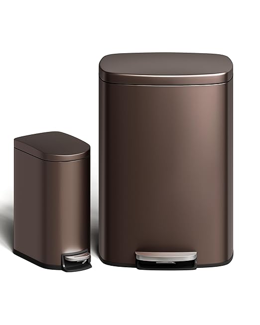 Garvee 13 gal (50 L) and 2.6 gal (10 L) Metal Trash Can Combo Set, Rustproof Garbage Can with Lid, Step-on Trash Bin with Inner Bucket, Rear Handle, Brown