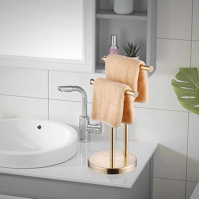 SHUNLI Hand Towel Holder Stand, Double T-Shape Hand Towel Stand Rack for Bathroom Countertop, SUS304 Stainless Steel, Brushed Gold