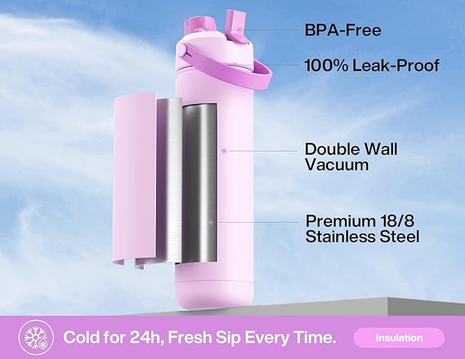 POWCAN 26 oz Insulated Water Bottle with 2-in-1 Straw and Spout Lid, Keep Cold 24H, Leak-Proof, Fits in Car Cup Holder, Stainless Steel Water Bottle for Sports, Travel, Gift and School (Cherry Pop)