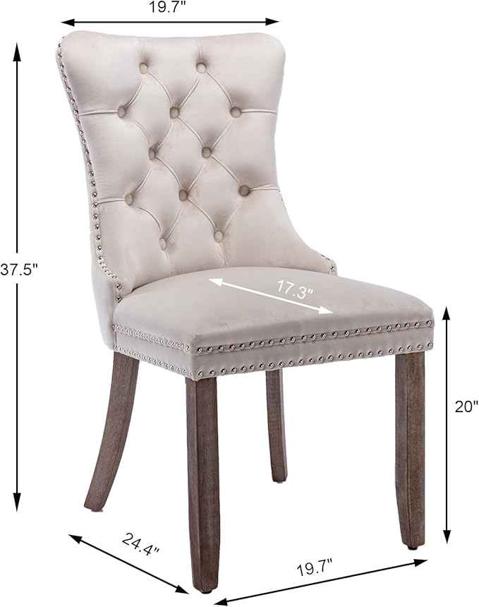 Beige Velvet Dining Chairs Set of 2, Upholstered Dining Room Chairs with Back Ring Pull Trim and Solid Wood Legs, Tufted Wingback Kitchen Chairs for Dining Room,Living Room,Kitchen(Beige)