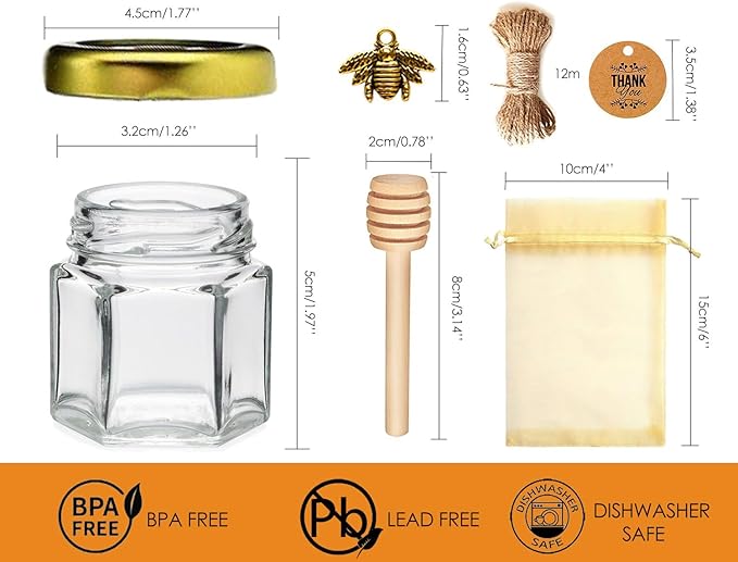 Adabocute Mini Honey Jars - Hexagon Little Glass Honey Jar with Gold Lids, Wooden Dippers, Bee Charms and Jutes - Small Honey Jars for Baby Showers, 20Pack