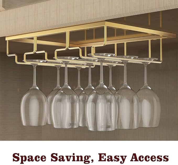 Nuovoware Wine Glass Rack, [2-Pack] Wine Glass Hanger Rack Under Cabinet Stemware Holder Storage Hanger for Bar Kitchen Cabinet (3 Rows) - Gold
