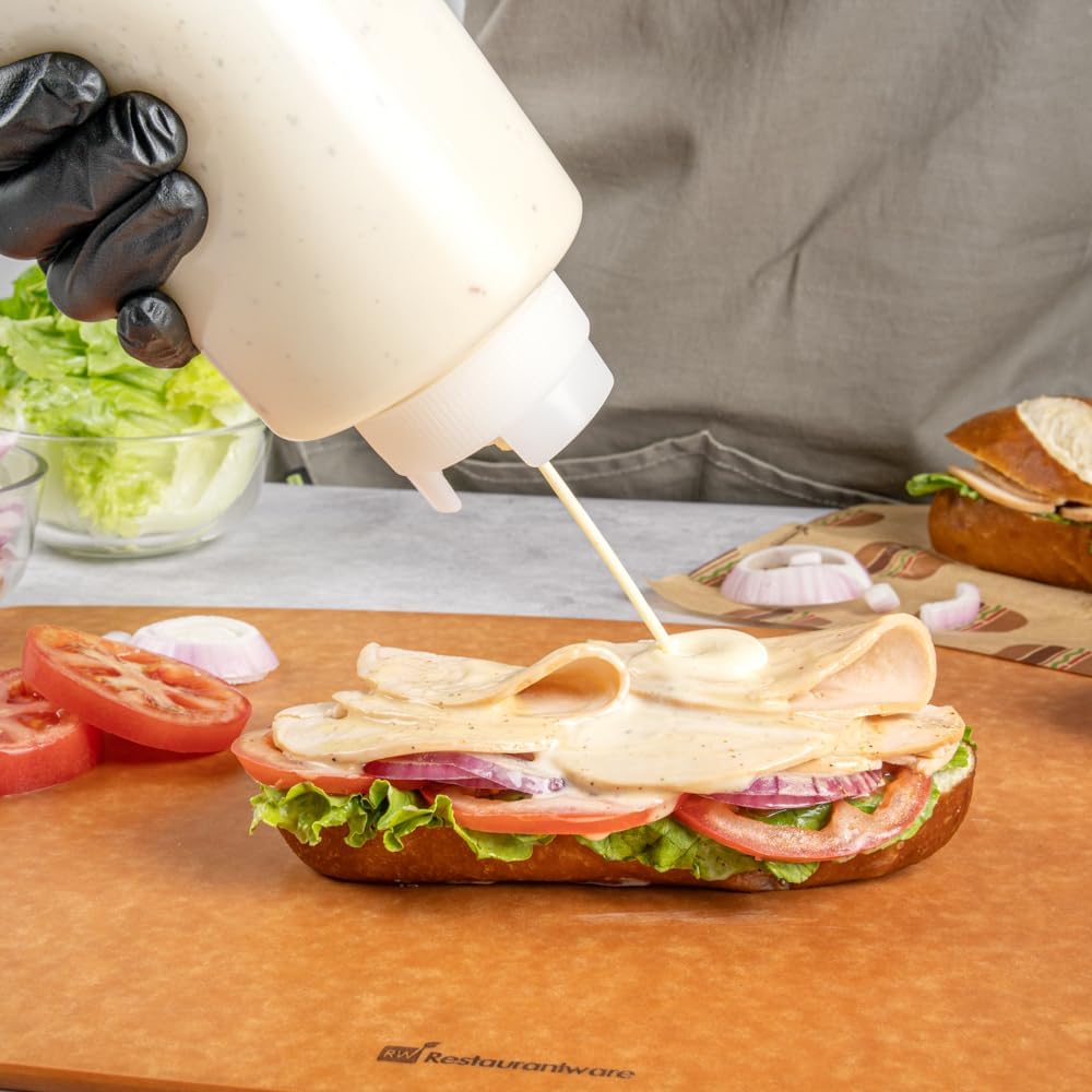 Restaurantware First In First Out 32 Ounce Condiment Squeeze Bottle 6 Refillable Lid FIFO Squeeze Bottle - Precision Dispensing Tip Flexible Clear Plastic Squeeze Bottle For Sauces