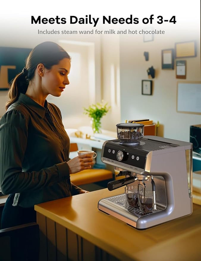 Espresso Machines with grinder, 20 Bar Professional Espresso Maker with Milk Frother & 95 oz Removable Water Tank for Latte and Cappuccino, Espresso Coffee Maker for Home, Stainless Steel