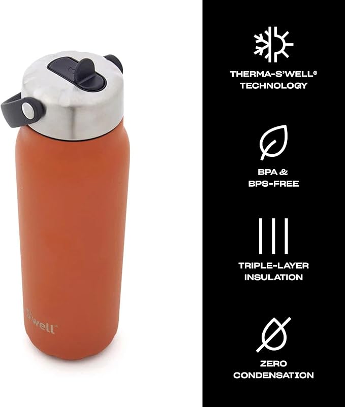 S'well Recycled Stainless Steel Explorer with Flip Straw Lid, 24oz, Carnelian, Triple Layered Vacuum Insulated Containers Keeps Drinks Cold for 36 Hours and Hot for 8