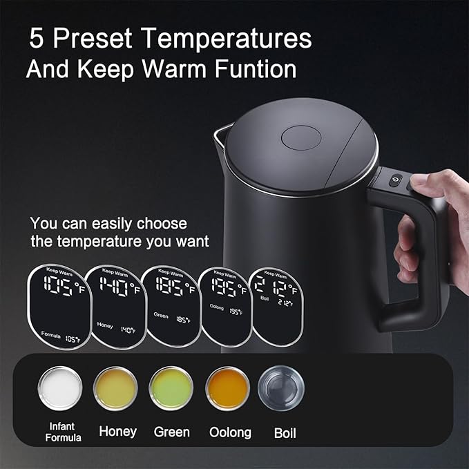 1.5L Electric Kettle Stainless Steel, Double Wall Cool Touch Teapot, Fast Boil, Precise Temperature Control, LCD Display, Auto Shut-Off, BPA-Free,Keep Warm Function, Ideal for Tea,Black