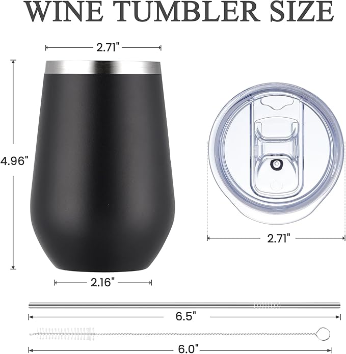 MEWAY 12oz Wine Tumbler Glasses with Lid and Straw - Stemless Double Wall Vacuum Stainless Steel Tumbler Keeping Cold & Hot for Wine,Drinks - Family and Gifts, Ideal for Travel and Office(Black,1)