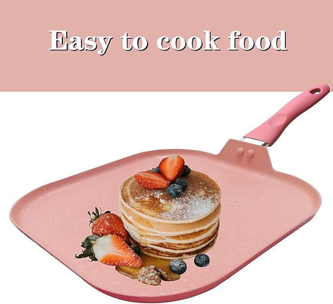 Square Griddle Pan for Stove Top Nonstick, Flat Pan with Spatula & Brush, 11"X 11" Pink