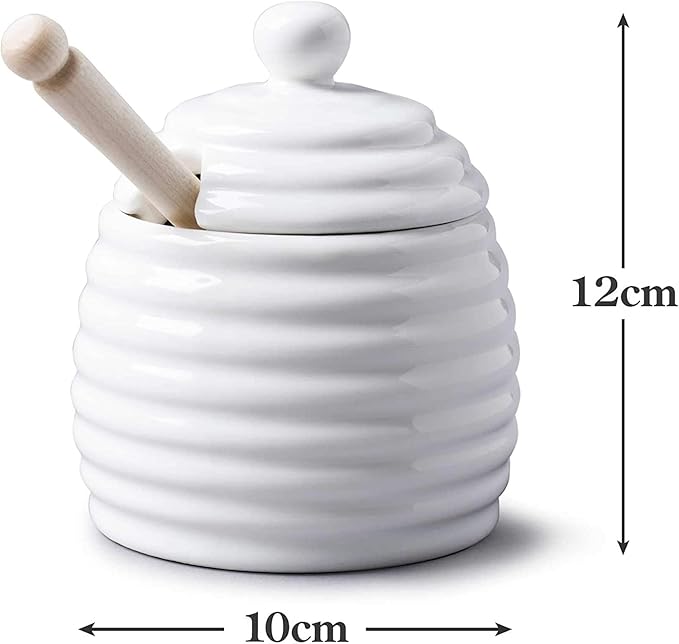 Traditional Porcelain Honey Pot Jar with Beech Wood Drizzler, Dipper – Honey Bee Hive Shaped Storage Pot with Lid, Perfect for Honey and Maple Syrup, 11cm – White