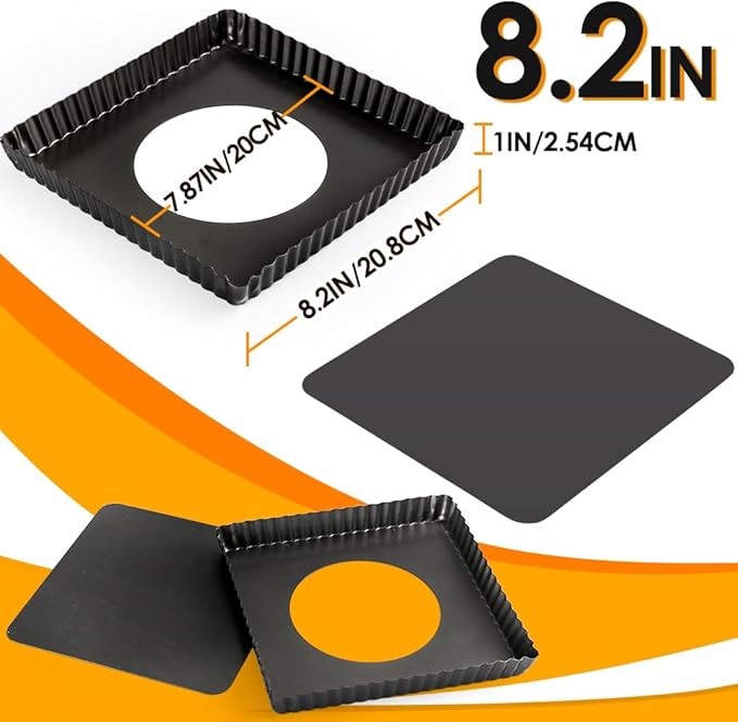 Square Pie Pan Nonstick Tart Pan With Removable Bottom Heavy Duty Carbon Steel Fluted Quiche Pan Tart Mold for Baking Mousse Cakes Dessert,8.2 x 1-Inch