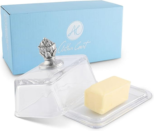 Arthur Court Glass Butter Dish with Lid Concho Classic Knob | Classic 2-Piece Design Covered Butter Keeper | Covers and Holds a Standard Stick of Butter | Western Farmhouse Décor