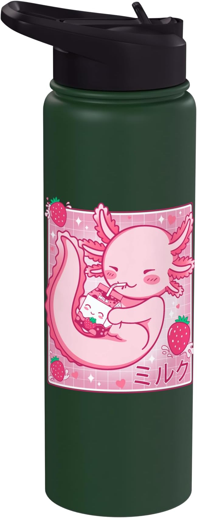 Kawaii Axolotl Strawberry Milk Shake Carton Japanese Anime Stainless Steel Insulated Water Bottle