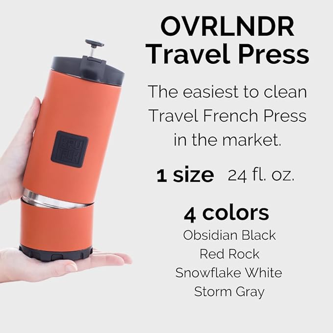 BruTrek® by Planetary Design OVRLNDR Travel Coffee French Press, 24 fl.oz Capacity, Double Wall Vacuum Insulated, Easy To Clean Removable Bottom, No Spill Lid, On The Go Coffee Brewing (Obsidian)