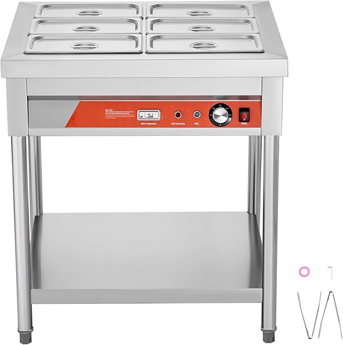 Happybuy 6-Pan Commercial Food Warmer, 1500W Electric Steam Table with Undershelf, Stainless Steel Buffet Server for Restaurants, Parties, and Hotels