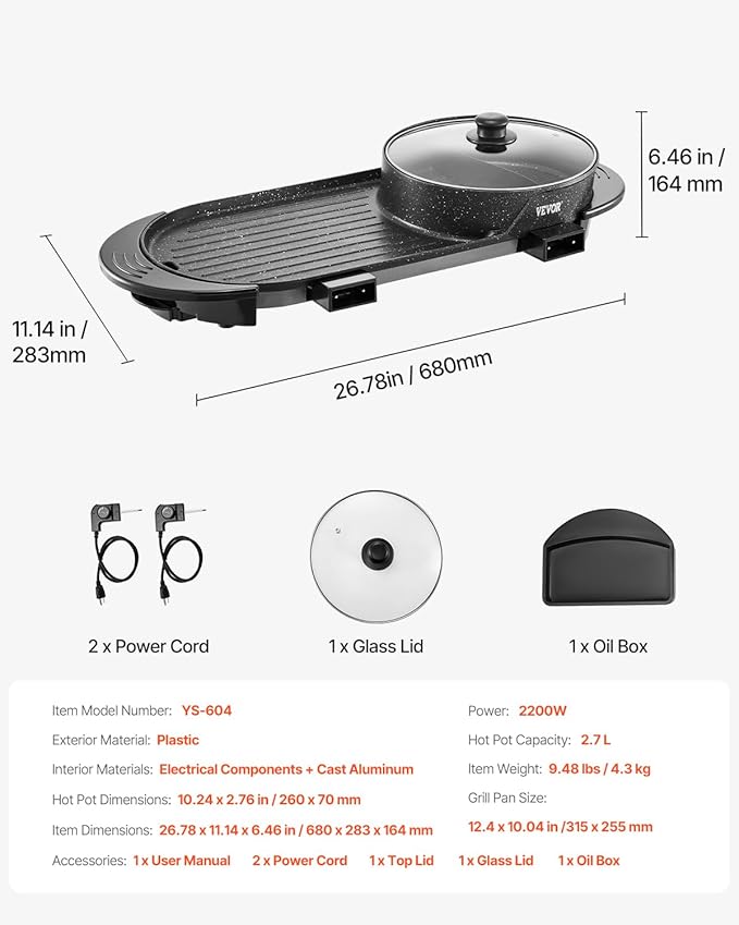 VEVOR Hot Pot with Grill, 2200W 2-in-1 Electric Smokeless Grill and Hot Pot, Korean BBQ Shabu Shabu Hotpot with Separate Dual Temperature Control, Non-stick Pan, for 1-6 People Family Dinning