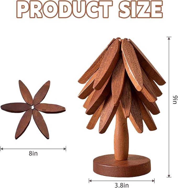 Natural Foldable Black Walnut Wooden Trivet Set - 4 Trivets + 1 Stand for Hot Dishes, Pot, Bowl, Teapot, Hot Pot Holders(Beech)