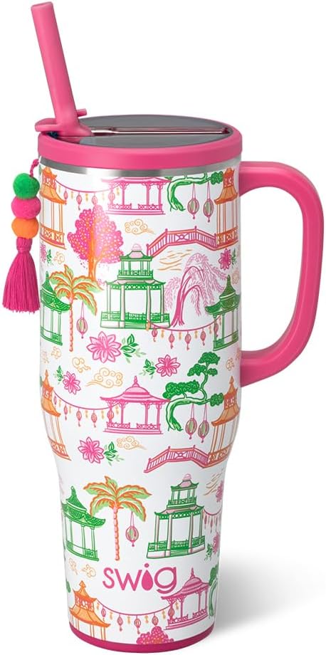 Swig Life 40oz Leak Proof Mega Mug, 40oz Leak Proof Tumbler with Handle and Straw, Extra Large Insulated Tumblers, Cup Holder Friendly Travel Mug, Reusable Leakproof Water Bottle (Pagoda Paradise)
