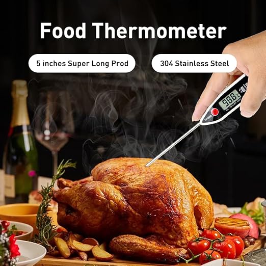 Wisebee Digital Meat Thermometer, Instant Read, ℃/℉ Switch, Long Stainless Steel Probe, Battery Powered, Food Thermometer for Cooking, Baking, Steak, Grilling and Frying (White)