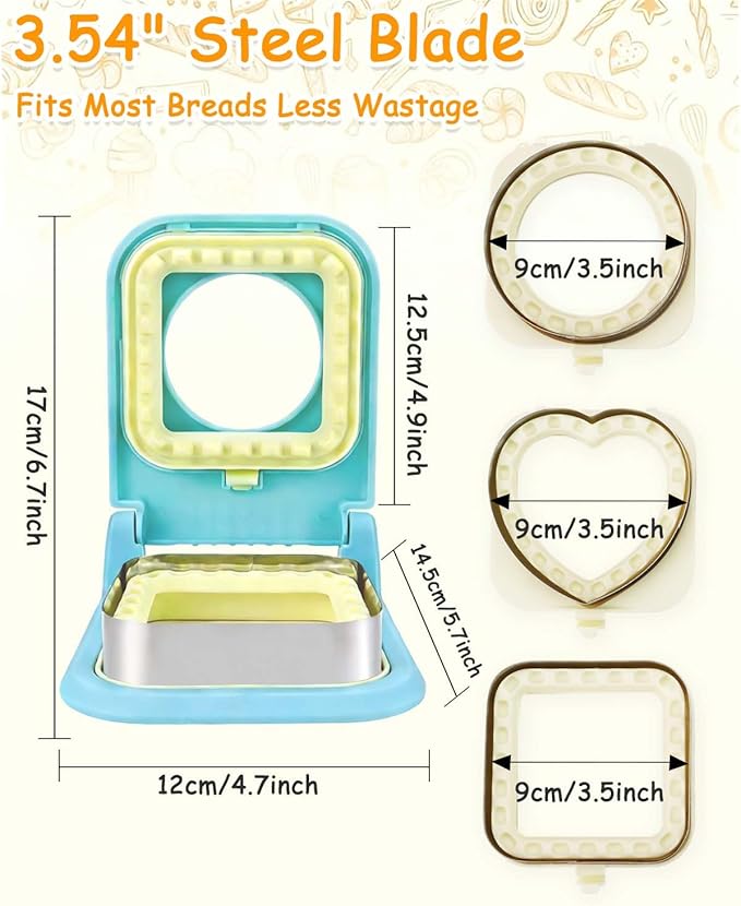 3-in-1 Uncrustable Sandwich Maker - Heart/Round/Square Crustless Sandwich Cutter & Sealer for Kids' Lunch, Breakfast & Lunchboxes | BPA-Free Uncrustable Press,Easy Clean (3-Shape Light Blue)