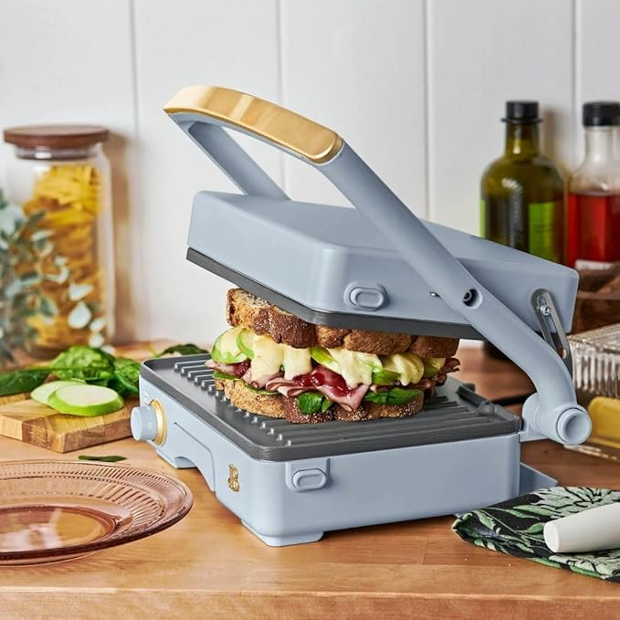 Panini Press Indoor Grill 1 2-in-1200W Non-Stick Removable Plates Sandwich Maker by Drew Barrymoree. (Cornflower Blue)
