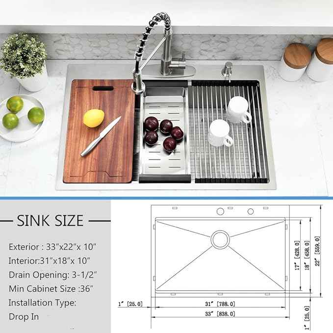 33 Inch Drop In Kitchen Sink Workstation - 33 x 22 Inch Drop In Sinks 16 Gage Stainless Steel Topmount Sinks Single Bowl 10'' Deep Handmade Above the Counter sink with Cutting Board& Strainer