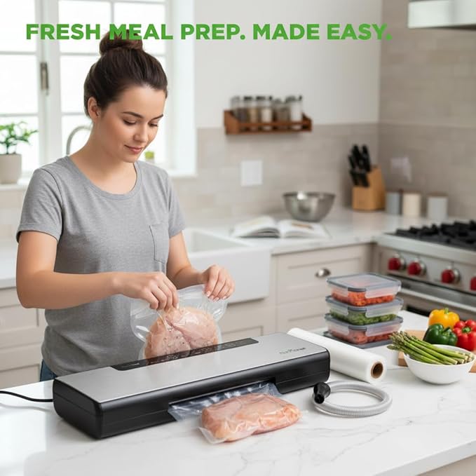 NutriChef Food Vacuum Sealer Machine, Stainless Steel Automatic Air Sealing System for Dry/Moist Foods, LED Touch Controls, Includes Vacuum Hose, Bag Roll and Wine Stopper, 110W Suction Power, 14"x6"