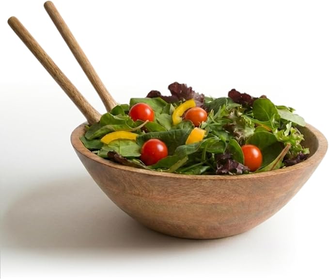 Large Wooden Salad Bowl 11.5 Inches with Serving Utensils, Wooden Fruit Bowl, Mango Wood Bowl Set for Serving, Large Wood Salad Bowl for Family Meals, Pasta, Popcorn, Handcrafted Wooden Serving Bowl
