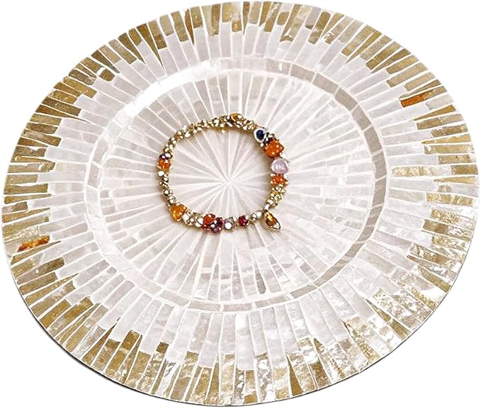 13 Inch Mother of Pearl Shell Placemat Plate – Large Round Decorative Heat for Table or Kitchen,Cabinet, Tabletop (Champagne White, 13 Inch)