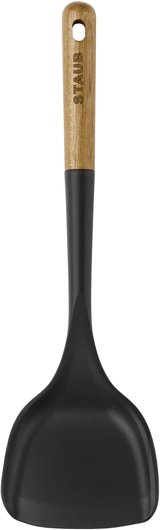STAUB Wok Spatula, Perfect for Scooping, Flipping, Stirring, and Turning Stir Fries, One Size, Durable BPA-free Matte Black Silicone, Acacia Wood Handles, Safe for Nonstick Cooking Surfaces