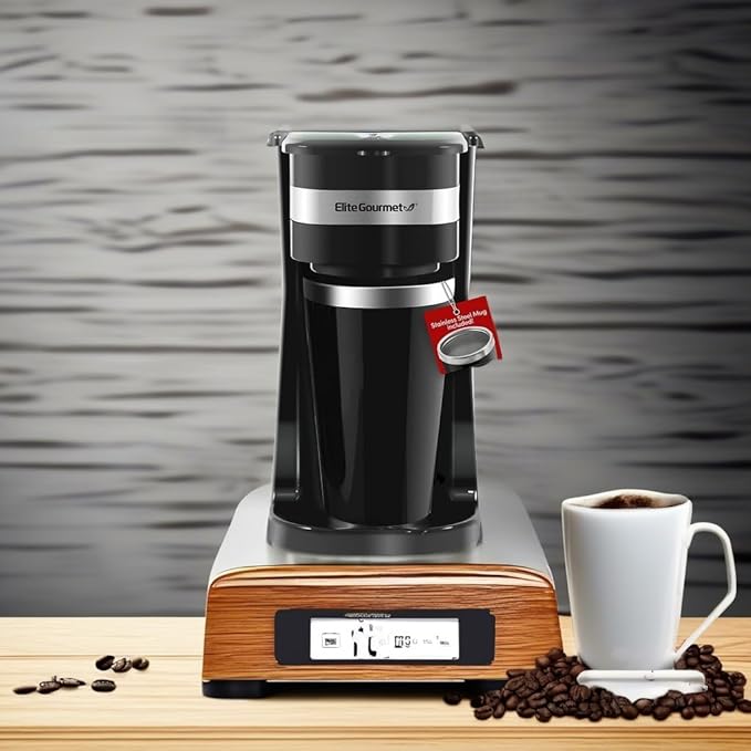 Elite Gourmet EHC113 Personal Single-Serve Compact Coffee Maker Brewer Includes 14Oz. Stainless Steel Interior Thermal Travel Mug, Compatible with Coffee Grounds, Reusable Filter, Black