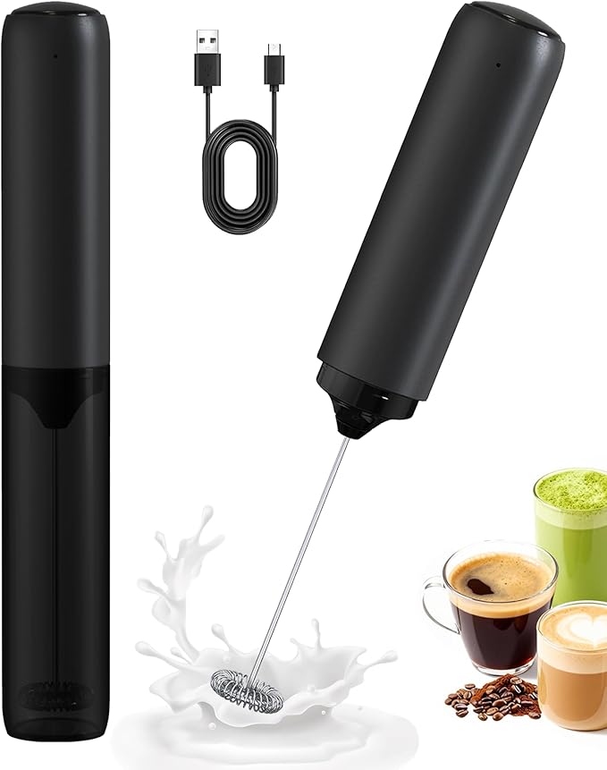 Rechargeable Milk Frother with Cover, Easy to Carry Drink Mixer Handheld, Electric Frother Wand for Coffee, Matcha, Latte, Cappuccino, Hot Chocolate, Kitchen Gifts, Black