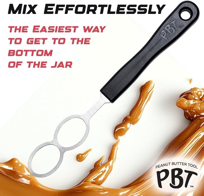PBT - Peanut Butter Mixer, Stainless Steel Stirring Tool for Natural Peanut Butter, Dough, Yogurt, Sauces, and More - Fits Any Container Size, Less Mess, Dishwasher Safe (BLACK)