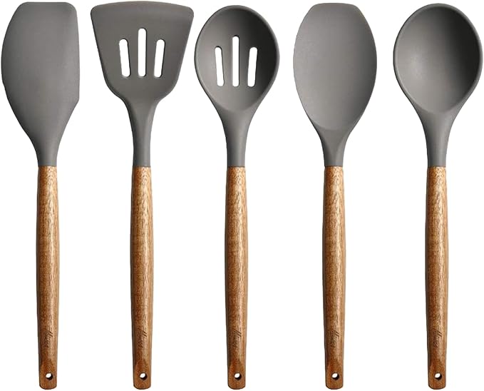Kitchen Utensils Set, Silicone Cooking Utensils Set,Non-Stick Silicone Spatula Set with Natural Acacia Hard Wood Handle, 5 Piece, Upgraded Thickened Cookware