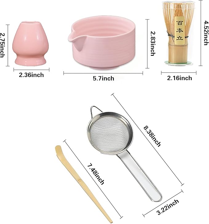 Matcha Whisk Set, 5 Pcs Matcha Kit for Matcha Lovers - Matcha Bowl with Spout, Matcha Whisk and Holder, Bamboo Matcha Scoop and Stainless Steel Sifter, Pink Ceramic Matcha Set