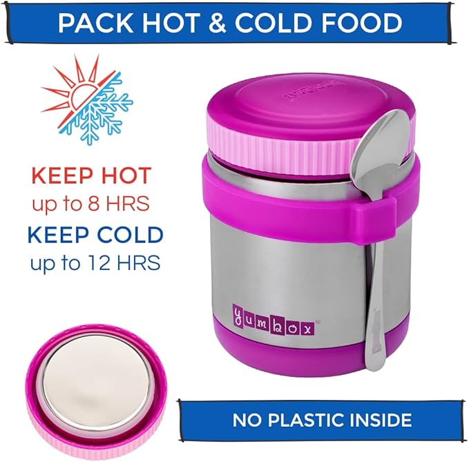 Yumbox Zuppa Leak-Proof Insulated Food Jar, 14 oz (1.75 cups), Triple Insulated Stainless Steel, Keeps Food Hot for 6 Hours, Cold for 12 Hours, Wide Mouth with Removable Utensil Band, Bijoux Purple
