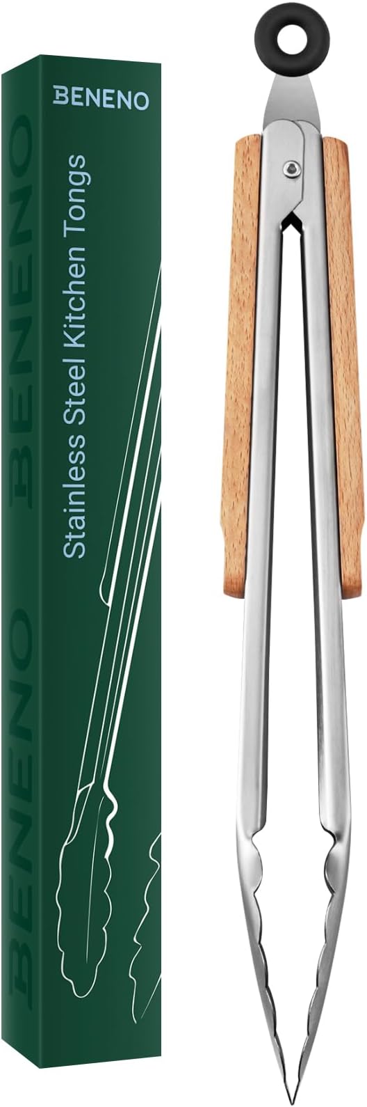 Beneno 12-Inch Food-Grade Stainless Steel Kitchen Tongs with Heat-Insulating Wooden Handle & Non-Slip Scalloped Tips, Heavy Duty Locking Food Tongs for Cooking, Grilling, BBQ and Serving